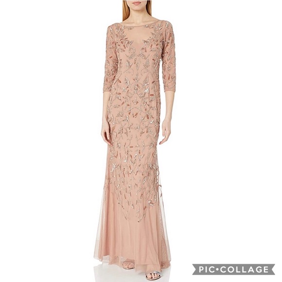 Adrianna Papell Dresses & Skirts - Adrianna Papell beaded Long sleeve rose gold godet dress